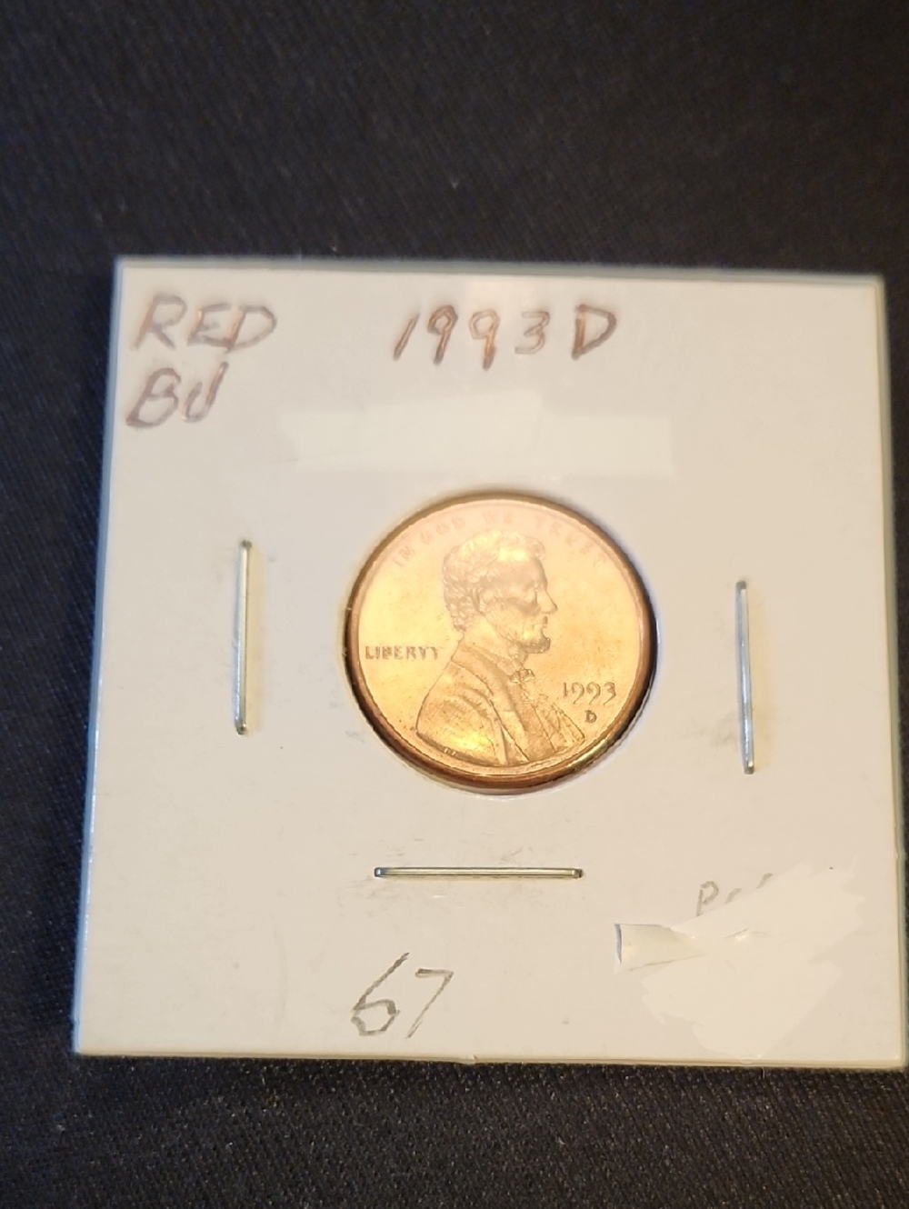 1993-D Lincoln Penny in Card Holder - Copper Tone